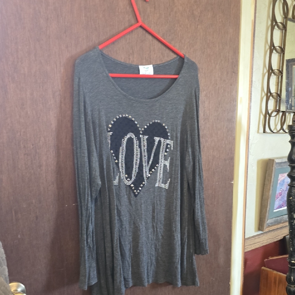 L&B Dark Gray Long Sleeve Tunic with Studded Heart LOVE